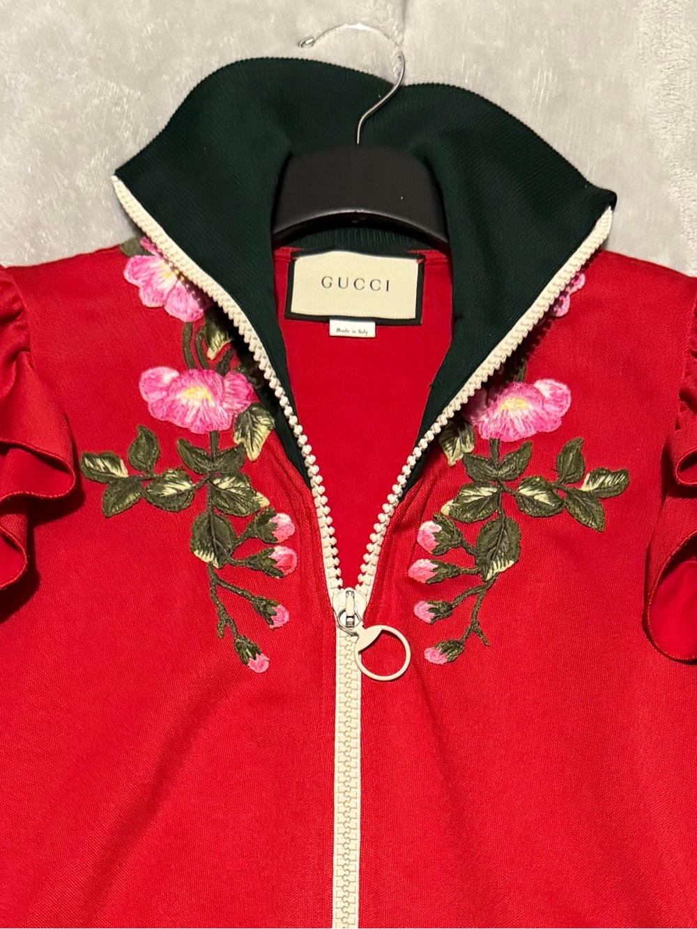 Gucci Red Embroidered Ruffle-Shoulder Bomber Jacket - Picture 6 of 11